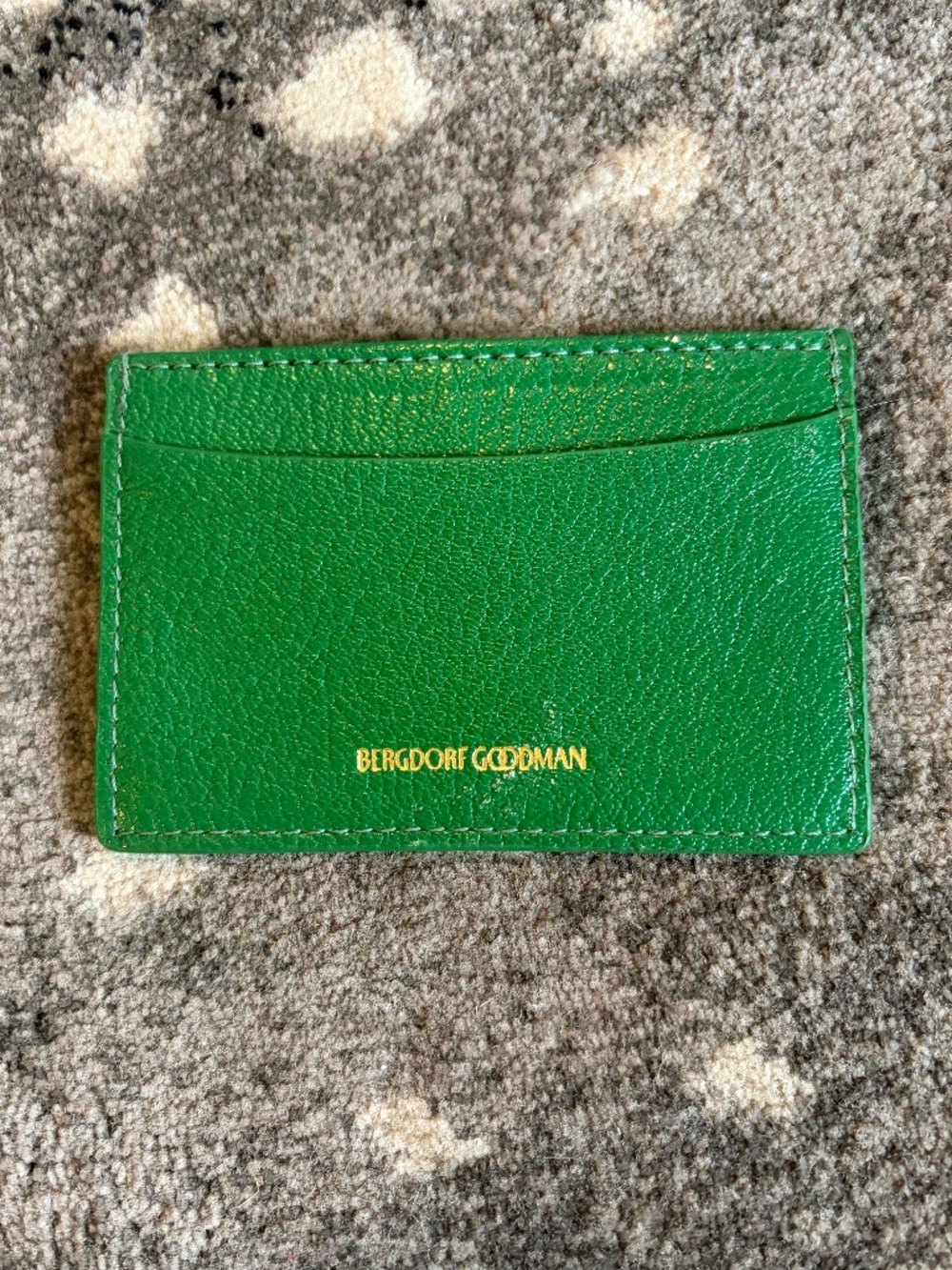 Bergdorf Goodman Green Leather Card Case Wallet Unisex Embossed Logo